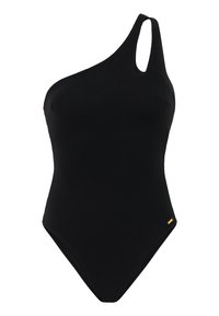 Čierne jednodielne plavky s textúrovaným povrchom, ktoré majú jednoramenný dizajn a malý zlatý detail na bokoch.