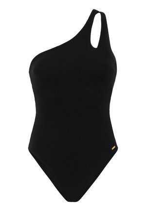 Zwarte eendelig badpak met een gestructureerd oppervlak, voorzien van een one-shoulder ontwerp en een kleine gouden accenten op de heup.