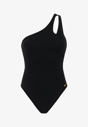 Zwarte eendelig badpak met een gestructureerd oppervlak, voorzien van een one-shoulder ontwerp en een kleine gouden accenten op de heup.