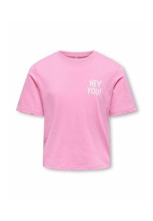 Pink short-sleeve T-shirt with crew neck and white text "HEY YOU!" printed on the left chest.