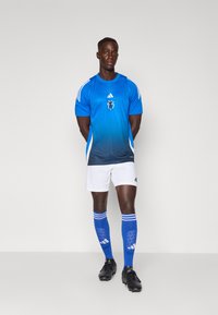 Kék gradiens sportmez fehér díszítéssel, fehér rövidnadrág és csíkos kék zokni jellemzi. Fekete cipők teszik teljessé az öltözetet.