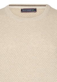 Cream-colored knitted sweater featuring a textured honeycomb pattern, round neckline, and brand label "Felix Hardy" located on the inside.