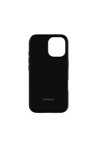 Coque de smartphone noire avec une finition lisse, présentant des découpes pour l'appareil photo et les ports. Logo discret situé près du bas.