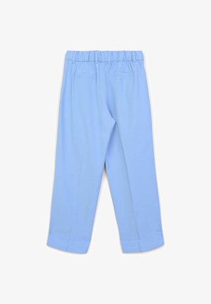 Pantaloni azzurri con una texture morbida, dotati di una vita elasticizzata e due tasche posteriori. Design a gamba dritta con orli risvoltati.