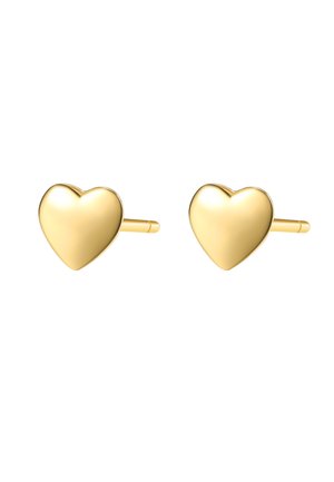 Gold heart-shaped stud earrings with a polished finish and smooth texture. Simple design features a slender post for secure wear.
