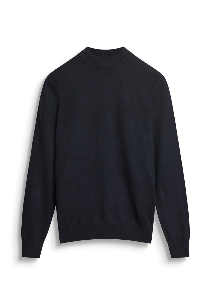 Maglione nero a maglia con collo alto, maniche lunghe e polsini e orlo a costine. Texture liscia senza motivi o dettagli visibili.