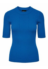 Modrý žebrovaný pletený top s kulatým výstřihem a krátkými rukávy. Vybavený přiléhavým střihem a texturovanou tkaninou.
