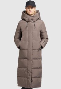 Long, brown puffer coat with a high collar, cinched waist, front pockets, and smooth texture. Features drawstrings and a full-length zipper.