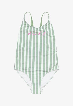 Maillot de bain une pièce rayé vert et blanc avec des bretelles ajustables, présentant un logo "ROXY" rose à l'avant. Texture lisse, conception ajustée.