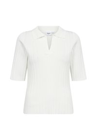 Bílý vroubkovaný polo top s krátkým rukávem, V-výstřihem a jemnou texturou. Disponuje klasickým límcem a přiléhavým střihem.