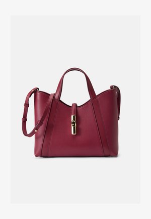 Burgundowa skórzana torebka z podwójnymi uchwytami, odczepianym paskiem na ramię i zapięciem w złotym odcieniu. Teksturowane wykończenie z akcentami w geometryczny wzór.