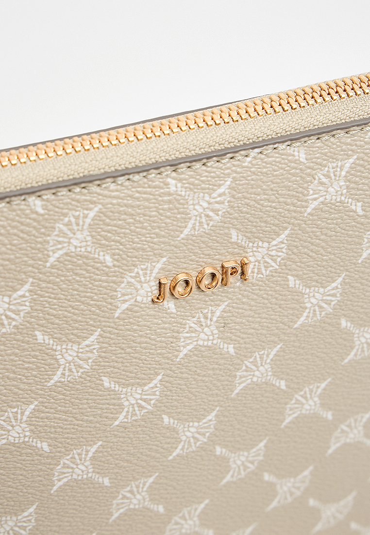 Beige strukturiertes Portemonnaie mit dezentem weißen Logo und gemustertem Design. Goldener Reißverschluss verleiht der eleganten, modernen Form Detail.