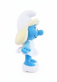 Blauw pluche speelgoed met een witte jurk en grote witte hoed, met gele accenten op de hoed. Ronde gezicht, geborduurde ogen en neus.