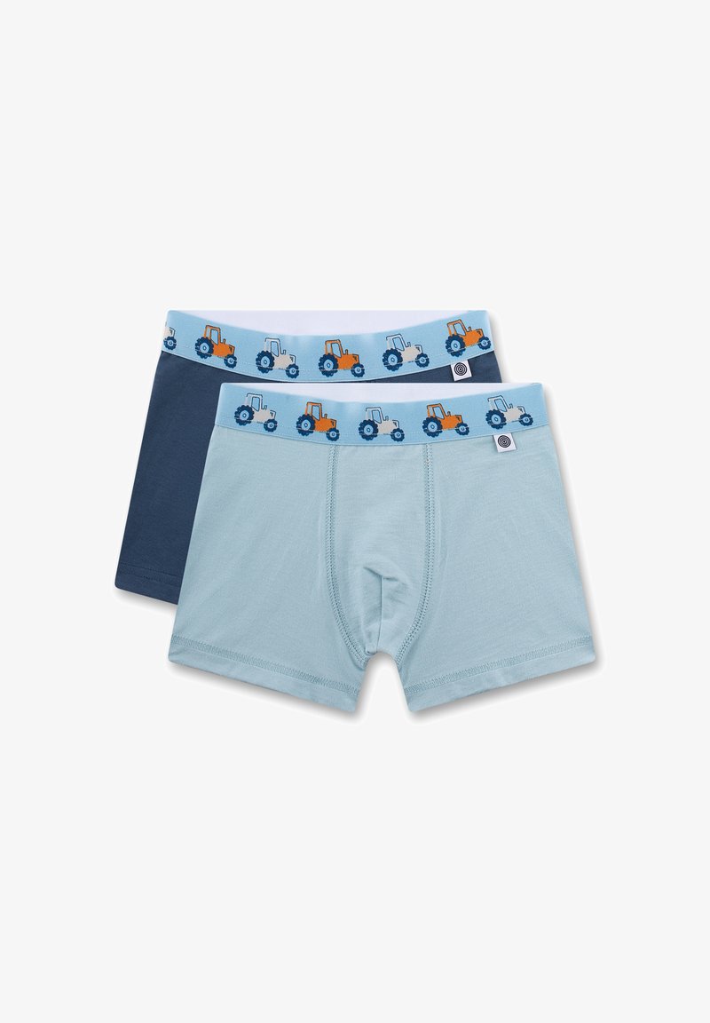 Two boys' boxer briefs, one light blue and one dark blue, both with a light blue waistband featuring orange and white tractor illustrations.
