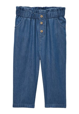 Pantalon en denim bleu pour tout-petit avec taille élastique, trois boutons en bois et deux poches latérales.