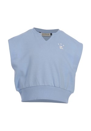 Lichtblauwe mouwloze cropped trui met geribde boord, v-hals en klein wit logo met drie sterren op de linkerborst.