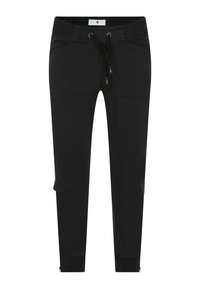 Pantalons de jogging noirs en mélange de coton, avec poches latérales, taille élastique avec cordon de serrage et ourlets de cheville zippés. Texture lisse.