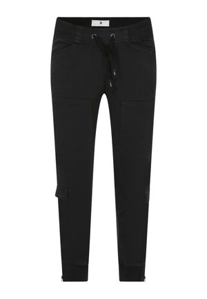 Pantalons de jogging noirs en mélange de coton, avec poches latérales, taille élastique avec cordon de serrage et ourlets de cheville zippés. Texture lisse.