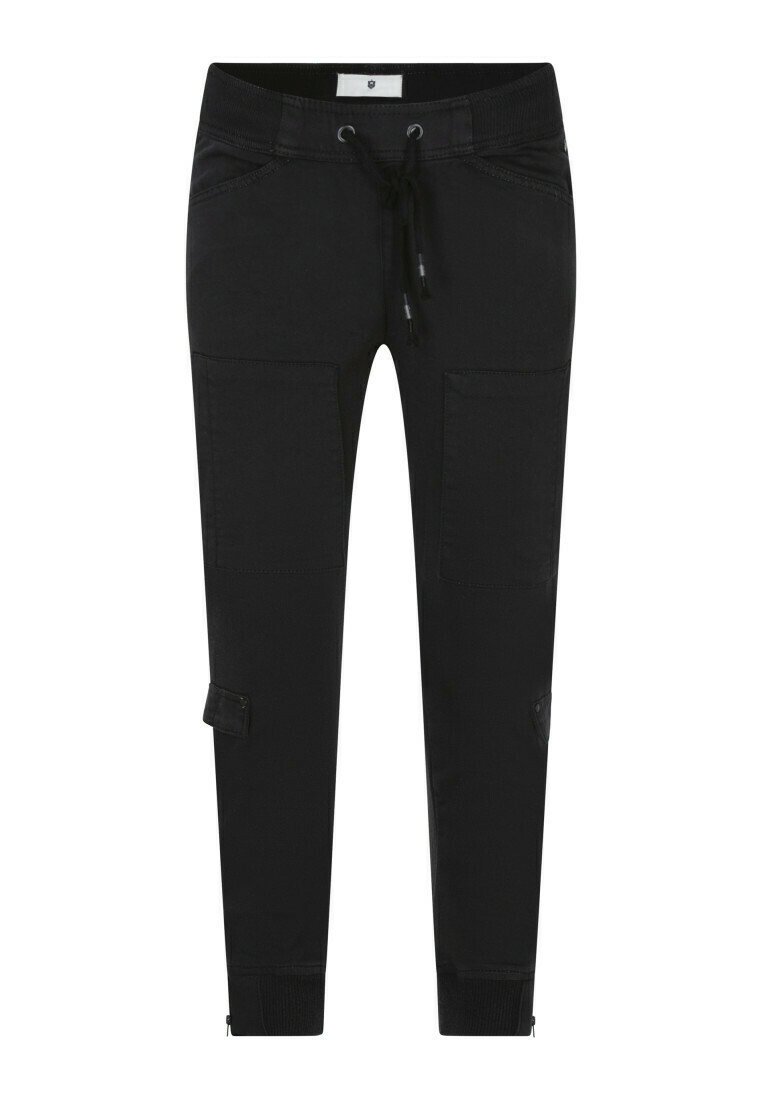 Pantalons de jogging noirs en mélange de coton, avec poches latérales, taille élastique avec cordon de serrage et ourlets de cheville zippés. Texture lisse.
