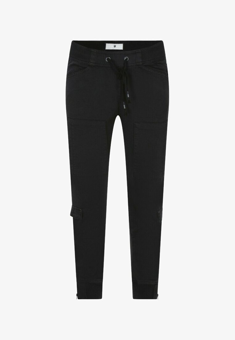 Pantalons de jogging noirs en mélange de coton, avec poches latérales, taille élastique avec cordon de serrage et ourlets de cheville zippés. Texture lisse.