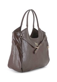 Bolso de cuero marrón oscuro con asas dobles, correa decorativa con hebilla en tono dorado y sutil logo en la parte frontal.