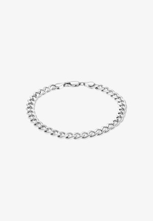 Silver chain bracelet with interlocking links and a lobster claw clasp on a white background.
