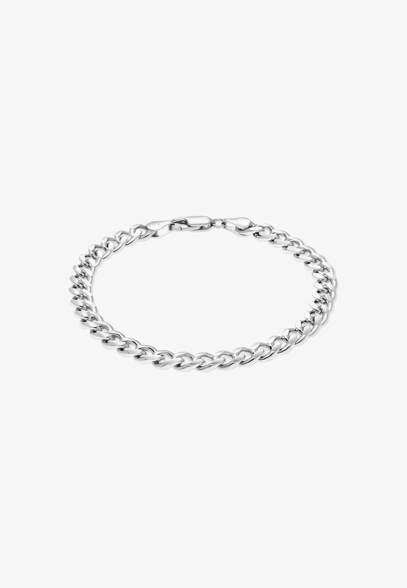 Silberne Kettenarmband mit miteinander verbundenen Gliedern und einem Karabinerverschluss auf weißem Hintergrund.