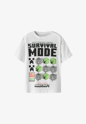 Balta trumpomis rankovėmis marškinėliai su Minecraft Creeper grafika, juodu ir žaliu tekstu bei pikseliukų dizainais apie Creeper ir dėžes.