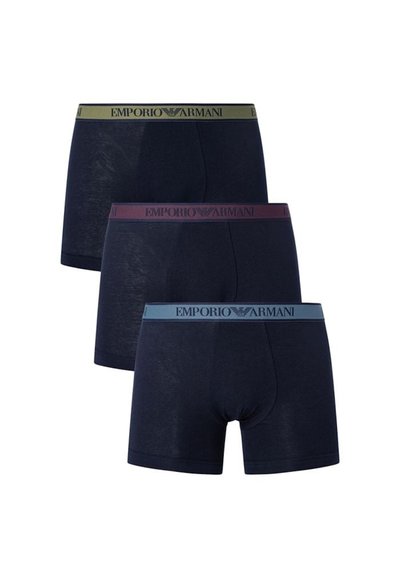 Three pairs of navy blue boxer shorts. Each features a different waistband color: green, burgundy, and light blue, with "Emporio Armani" logo.