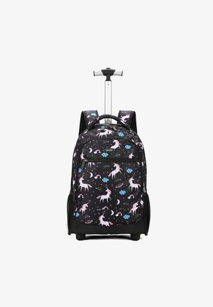 Zwarte rolrugzak met een eenhoorn- en wolkenpatroon, verstelbare schouders, een uitschuifbare handgreep en duurzame wielen voor mobiliteit.
