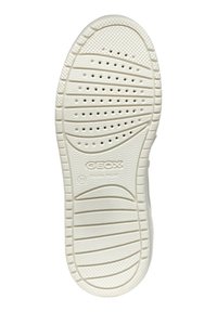 Suola della sneaker GEOX in gomma bianca, con un motivo testurizzato, fori di ventilazione e stampa del logo. Design leggermente curvo per il comfort.