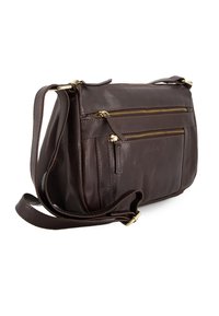Mørkebrun læder crossbody taske med guld lynlåse, justerbar rem og præget Venezia-logo på frontlommen.