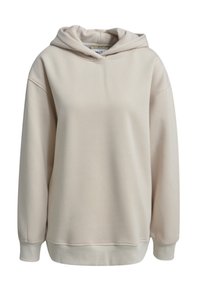 Beige übergroßer Hoodie mit langen Ärmeln, gerippten Bündchen und Saum sowie einer lässigen Passform, auf einem weißen Hintergrund präsentiert.