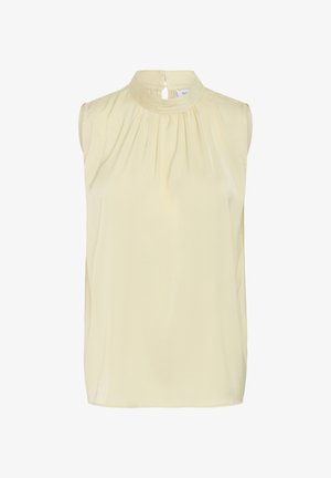Ärmellose cremefarbene Bluse mit hohem Rundhalsausschnitt, gerafftem Detail vorne und einer kleinen Knopfverschluss hinten.