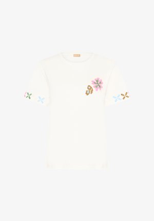 T-shirt en coton blanc avec une broderie florale colorée en rose, vert et bleu sur les manches et la poitrine. Design à col rond, manches courtes.