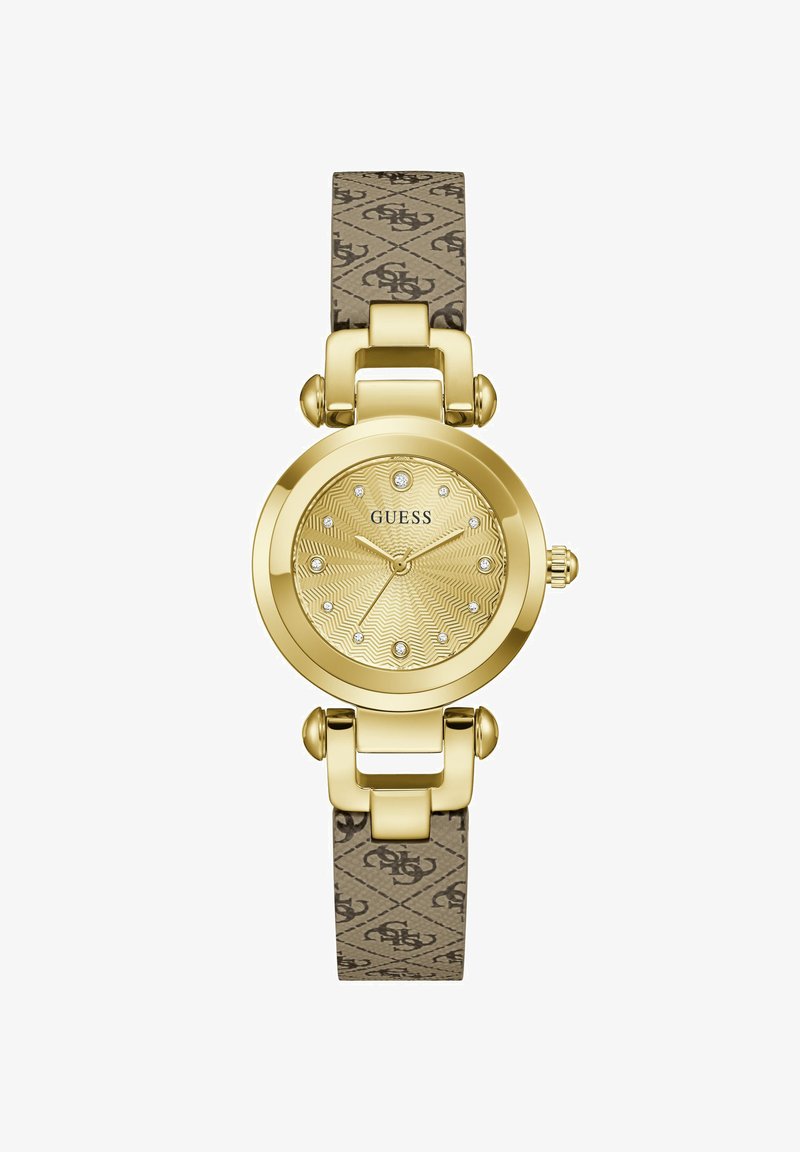 Gold round Guess watch with patterned beige strap, crystal hour markers, and textured sunburst dial without numbers.