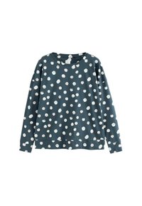 Sweatshirt i mörkblå bomull med vitt cirkulärt prickmönster, rund halsringning och långa ärmar. Har en avslappnad passform.