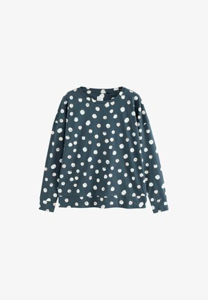 Felpa in cotone blu scuro con motivo a pois bianchi circolari, scollo rotondo e maniche lunghe. Presenta una vestibilità comoda.