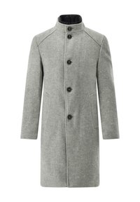 Grauer Wollmantel mit hohem Kragen, fünf schwarzen Knöpfen, seitlichen Taschen und schlichtem Design. Ausgestattet mit strukturiertem Stoff und geradem Schnitt.