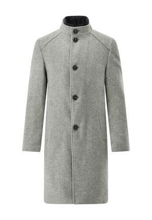 Grauer Wollmantel mit hohem Kragen, fünf schwarzen Knöpfen, seitlichen Taschen und schlichtem Design. Ausgestattet mit strukturiertem Stoff und geradem Schnitt.