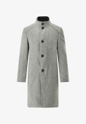 Grauer Wollmantel mit hohem Kragen, fünf schwarzen Knöpfen, seitlichen Taschen und schlichtem Design. Ausgestattet mit strukturiertem Stoff und geradem Schnitt.