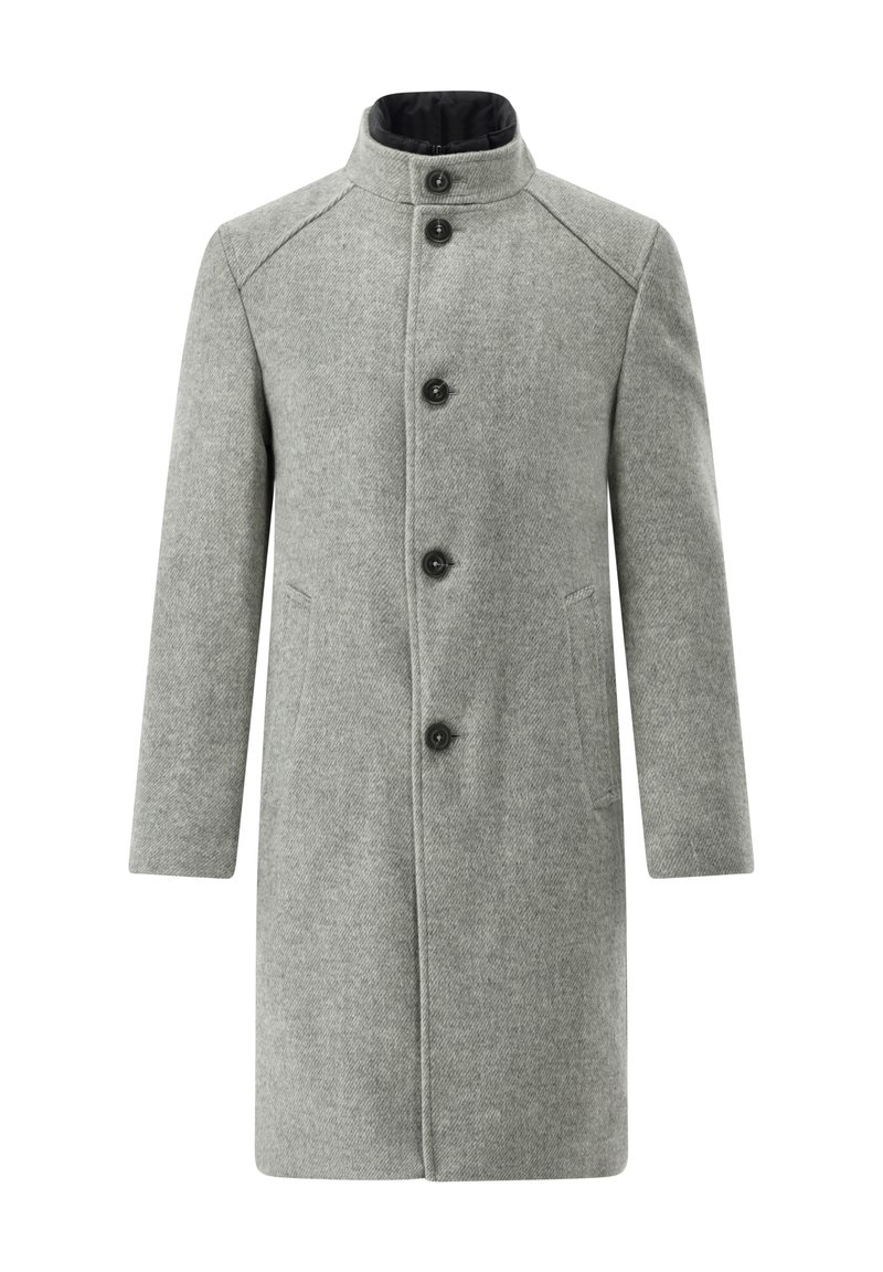 Grauer Wollmantel mit hohem Kragen, fünf schwarzen Knöpfen, seitlichen Taschen und schlichtem Design. Ausgestattet mit strukturiertem Stoff und geradem Schnitt.