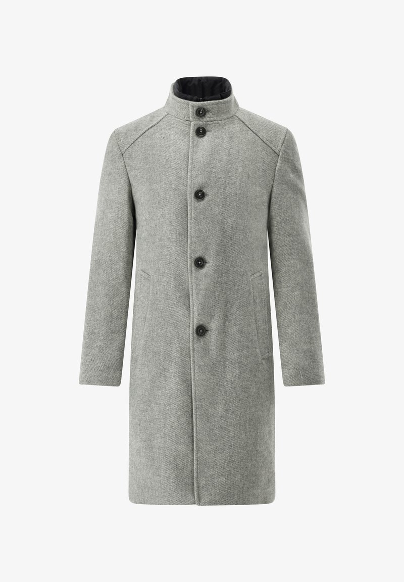 Grey wool coat with a high collar, five black buttons, side pockets, and a clean design. Features textured fabric and straight cut.