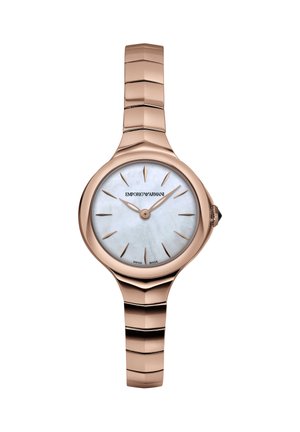 Rose gold Emporio Armani armbåndsur med perlemorsskive, minimalistiske timemarkører og matchende rosaguld metalarmbånd.