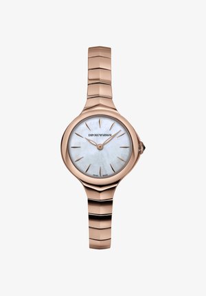 Rose gold Emporio Armani armbåndsur med perlemorsskive, minimalistiske timemarkører og matchende rosaguld metalarmbånd.