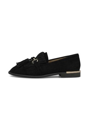 Mocasín plano de ante negro con borlas, detalle delantero plisado, hebilla dorada y tacón bajo con acento dorado.