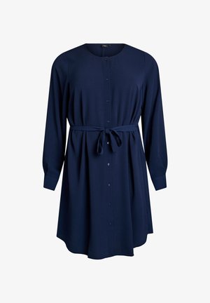 Marineblaues Hemdblusenkleid mit Rundhalsausschnitt, langen Ärmeln und gebundenem Taillengürtel; glattes Material, knielang mit leicht ausgestellt geschnittenem Saum.