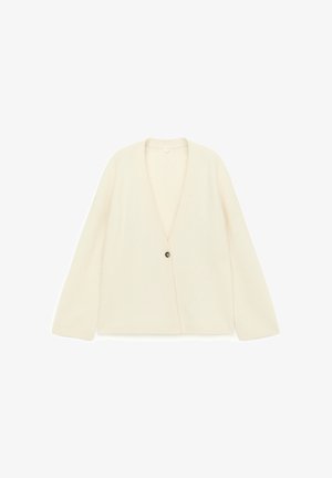 Beżowy kardigan wykonany z miękkiej dzianiny, z głębokim dekoltem w serek, długimi rękawami i pojedynczym zapięciem na guzik z przodu.