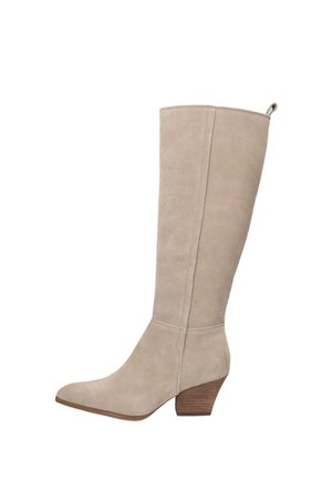 Beige suède laarzen tot aan de knie met gestapelde lage dikke hak en afgeronde neus, met trekkoord aan de achterkant.