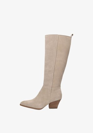 Beige suède laarzen tot aan de knie met gestapelde lage dikke hak en afgeronde neus, met trekkoord aan de achterkant.